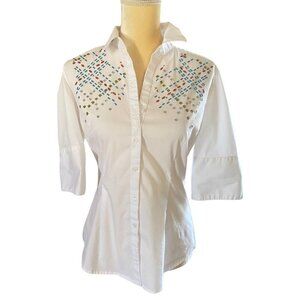 New York & Company Multi Rhinestone Button Up Collar White Shirt. Women's S